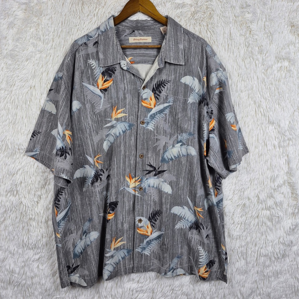 Tommy Bahama Mens XXL Gray Silk Bird of Paradise Floral Camp Shirt Short Sleeve